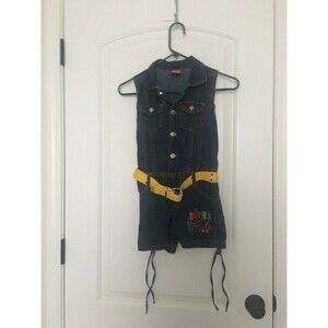 Girls Denim Romper Jumpsuit Belted "Divas Rule" Blue Size 7/8